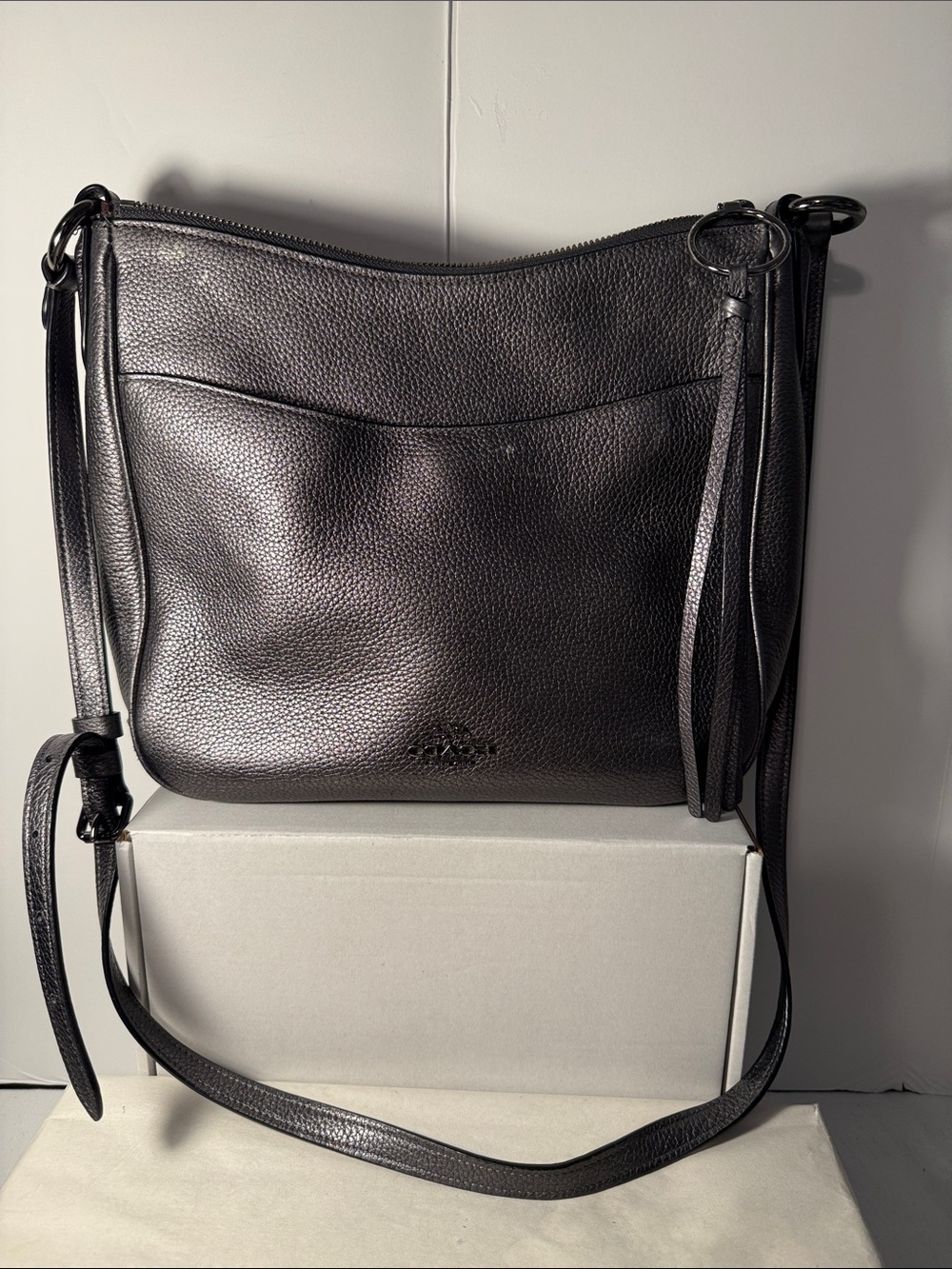 Coach Pebbled Leather Crossbody gray metallic